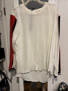 White Long-Sleeve Tunic Top with Red & Black Sleeve Panels
